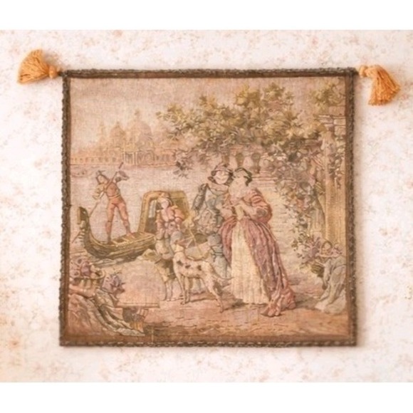 VTG Tapestry WallRomantic Scene Dogs Tassels Cottagecore Ready 2 Hang SZ 20x20